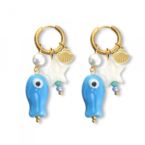 Ohrringe aus Stainless Steel - Rostfreiem Stahl Fisch Gold-blue-white