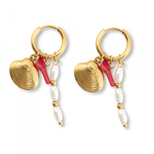 Ohrringe aus Stainless Steel - Rostfreiem Stahl Muschel Gold-red-white