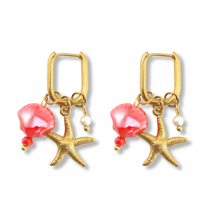 Ohrringe aus Stainless Steel - Rostfreiem Stahl Seestern & Muschel Gold-red-white