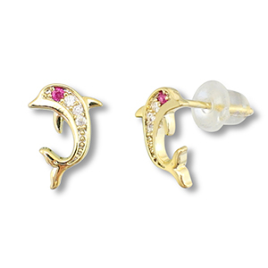Brass TQ Metall Ohrringe / Ohrstecker Delfin Gold-dark pink