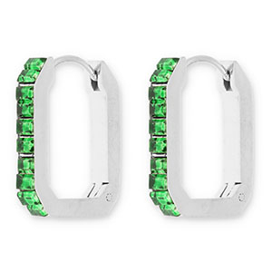 Ohrringe aus Stainless Steel - Rostfreiem Stahl Creolen Rechteck mit Strass Silver-green