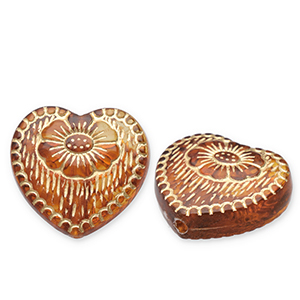 Acrylperlen Herz mit Blume Cognac brown-gold