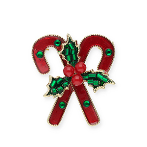 Broschen Zuckerstangen mit Tannenzweigen Gold-red-green