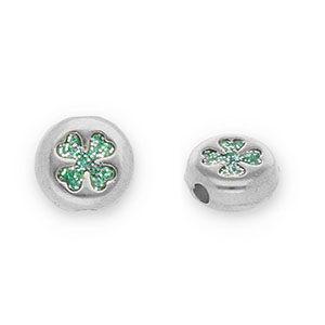 Metall Perlen DQ Rund mit Gl&uuml;cksklee Antik silber-glitter turquoise (Nickelfrei)
