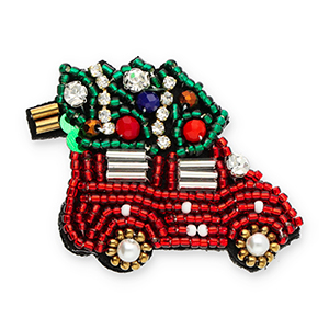Broschen Auto mit Weihnachtsbaum Red-green