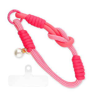 Trendy Segeltau-Handykette mit Perle inkl. Befestigungs-Patch Neon pink-white-ivory white