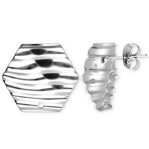Stainless Steel - Rostfrei Stahl Schmuckzubeh&ouml;r Ohrringe / Ohrstecker Hexagon mit Linien mit &Ouml;se Silver