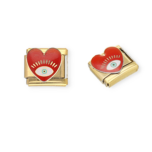Italian Charm Element aus Stainless Steel - Rostfreiem Stahl Herz mit Auge der Vorsehung Gold-dark red-white