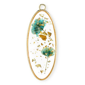 Anh&auml;nger mit getrockneter Blume Lang Oval Gold-eden green
